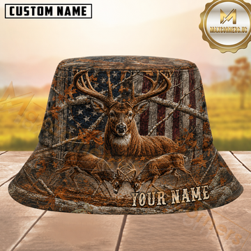 Maxcorners Deer Hunting Distressed Wood US Flag Camo Personalized Name 3D Bucket Hat