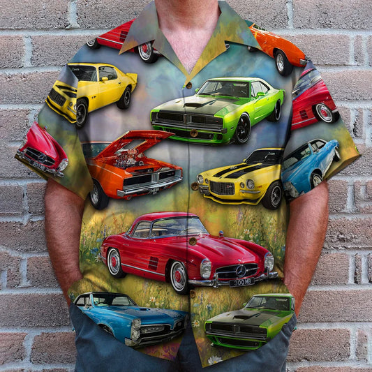 Custom Muscle Car Photo Hawaiian Shirt, Flower Field Pattern