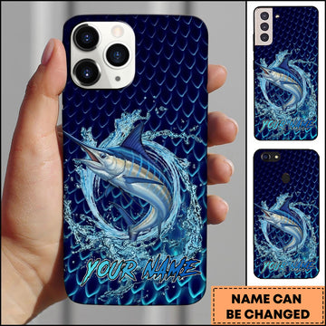 Maxcorners Marlin Fishing Phone Case Water Ring Splash Dark Blue Scale Background Personalized Name Phone Case
