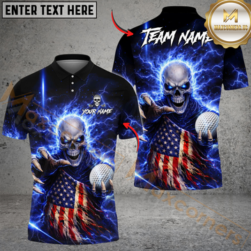 Maxcorners Golf Lightning US Flag Skull Design Personalized Name, Team Name 3D Shirt (4 Colors)