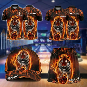 Maxcorners Bowling Flaming Tiger Bowling Ball Design Personalized Team Sportswear Set - Polo Shirt, Cap & Skorts