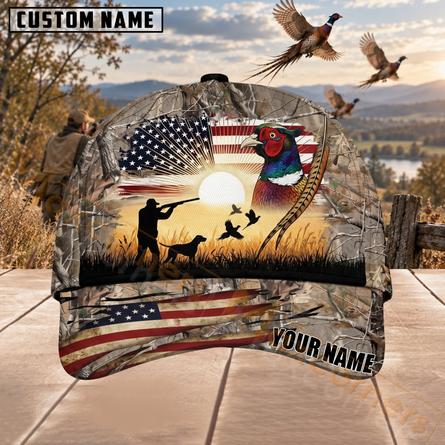 Maxcorners Upland Bird Hunting American Flag Hunter Dog & Pheasant Personalized Name 3D Cap