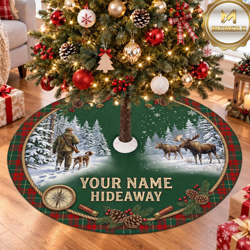 Maxcorners Hunting Deer Moose Holiday Forest Personalized Name 3D Christmas Tree Skirt