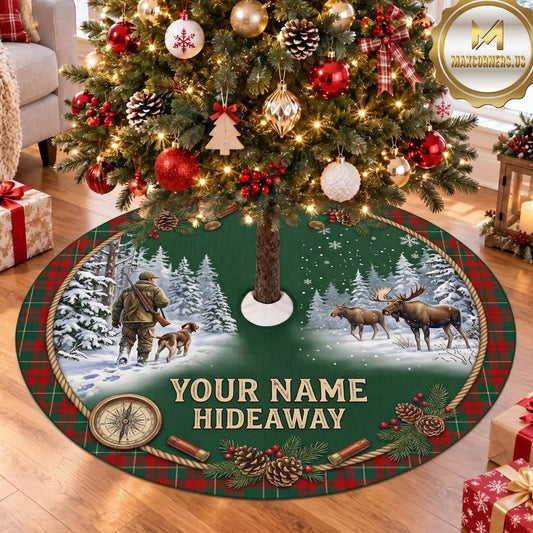 Maxcorners Hunting Deer Moose Holiday Forest Personalized Name 3D Christmas Tree Skirt