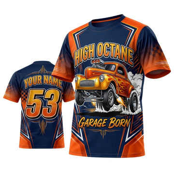 Maxcorners Personalized Car Classic Muscle Car 3D T-Shirt – High Octane Orange Blue Garage Born