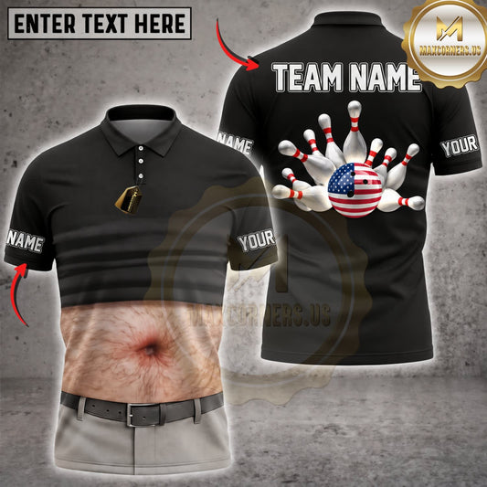 Maxcorners Bowling Funny Fake Abs American Flag Bowling Pins Personalized Name 3D Unisex Shirt