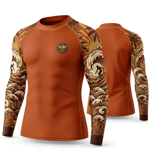 Maxcorners Personalized Japanese Tattoo Burnt Orange Shirt with Golden Wave Tattoo Sleeves 3D All Over Printed Shirts, Best Gifts for Tattoo Lovers