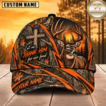 Maxcorners Deer Hunting Whitetail Buck Thank Him for Our Food Orange Cross Camo Customized Name 3D Cap