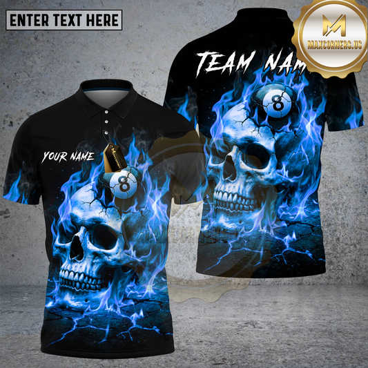 Maxcorners Billiards Shirt Flaming Skull 8 Ball Design Multicolor Options Personalized Name, Team Name 3D Shirt (4 Colors)