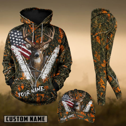 Maxcorners Hunting Whitetail Deer American Flag Orange Forest Camo Personalized 3D Shirts