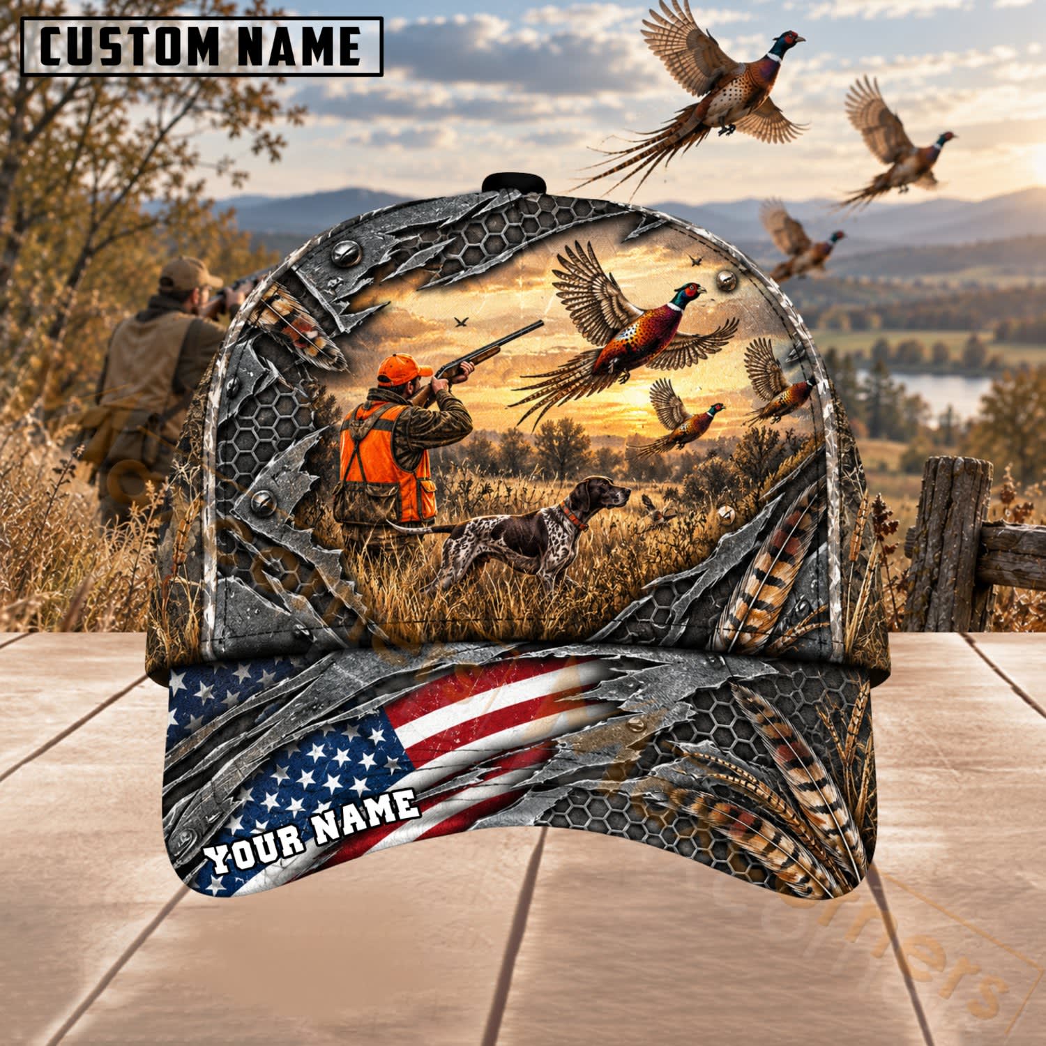Maxcorners Upland Bird Hunting Woodland Sunset Pheasant Scene Personalized Name 3D Cap