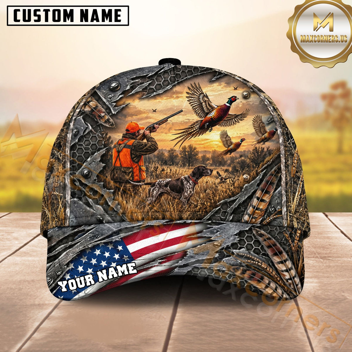 Maxcorners Upland Bird Hunting Woodland Sunset Pheasant Scene Personalized Name 3D Cap
