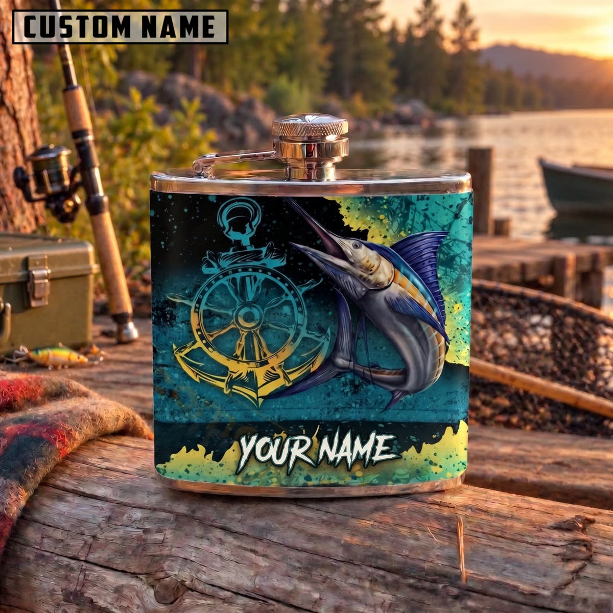 Maxcorners Fishing Marlin Nautical Compass Design Personalized Name 3D Hip Flask