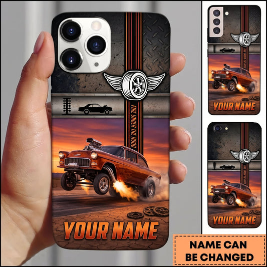 Maxcorners Hot Rod Orange Vintage Car with Sunset Highway and Racing Stripes Personalized Name 3D Phone Case