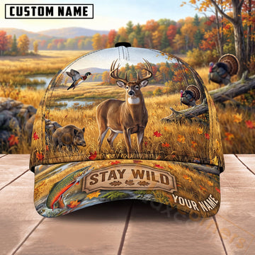Maxcorners Deer Hunting Autumn Field Stay Wild Personalized Name 3D Cap