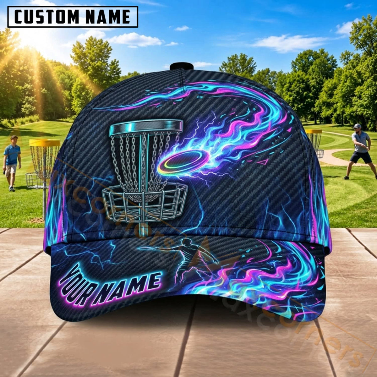 Maxcorners Disc Golf Neon Lightning Chain Basket Personalized Name 3D Cap