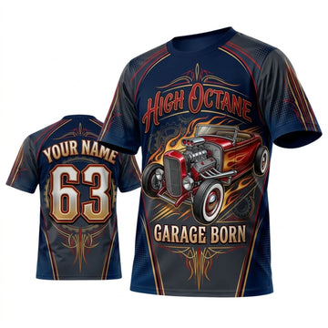 Maxcorners Personalized Car Classic Muscle Car 3D T-Shirt – High Octane Navy Red Garage Born