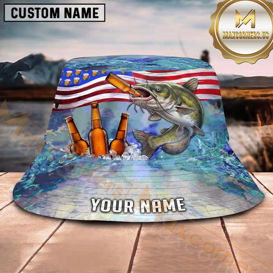 Maxcorners Fishing Beer American Flag Personalized Name 3D Bucket Hat (12 Fish Species)