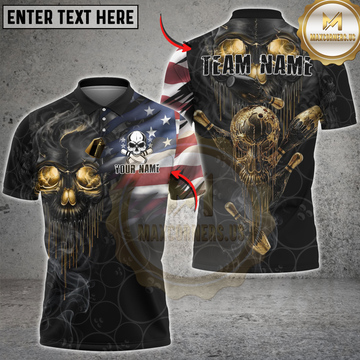Maxcorners Bowling Skull American Flag Melting Golden Pins Personalized Name 3D Unisex Shirt