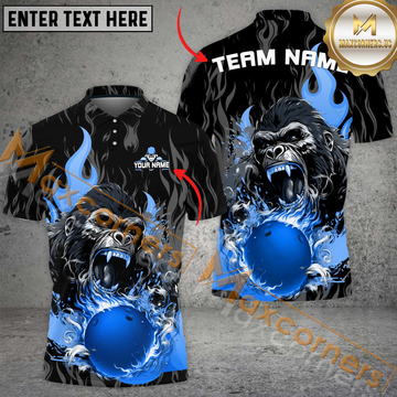 Maxcorners Custom Bowling Team Jersey, Fierce Gorilla With Blue Flaming Bowling Ball Name And Team Name