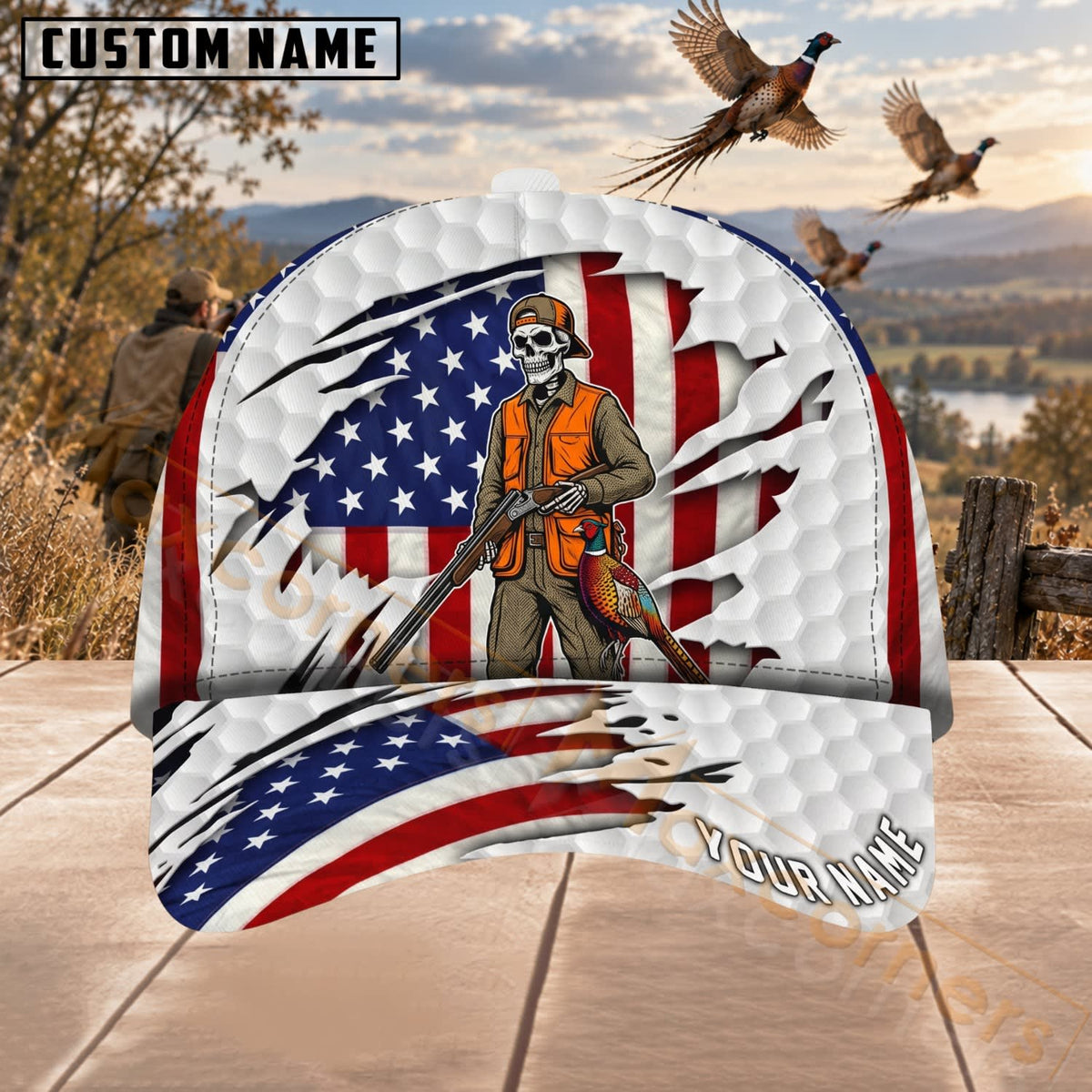 Maxcorners Upland Bird Hunting Patriotic Hunter & Pheasant Personalized Name 3D Cap