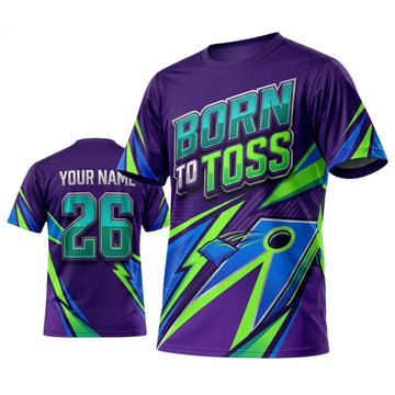 Maxcorners Cornhole Born To Toss Purple Green Lightning Personalized Name 3D Unisex Shirt