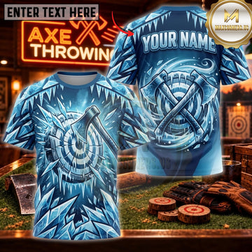 Maxcorners Axe Throwing Ice Blue Viking Wolf Personalized Name 3D Unisex Shirt