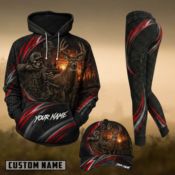 Maxcorners Hunting Whitetail Deer Bow Hunter Sunset Black Red Personalized 3D Combo Hoodie, Legging Set & Cap