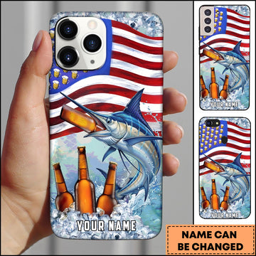 Maxcorners Marlin Fishing Phone Case American Flag Beer Bottles Fish Art Personalized Name 3D Phone Case
