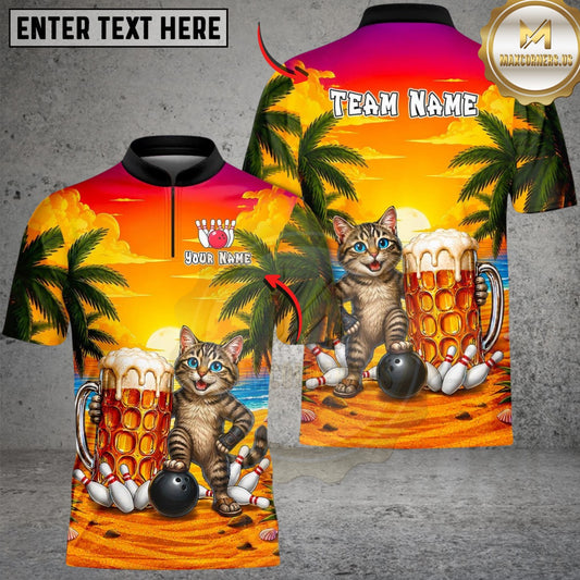 Maxcorners Beer & Bowling Cat Customized Name, Team Name 3D Shirt