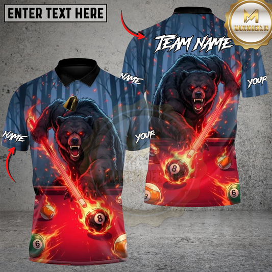 Maxcorners Billiards Angry Bear Fire 8-ball Personalized Name, Team Name 3D Shirt