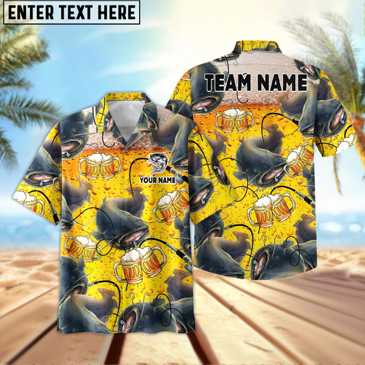 Maxcorners Catfish Fishing Beer Swimming Personalized Name, Team Name 3D Hawaiian Shirt
