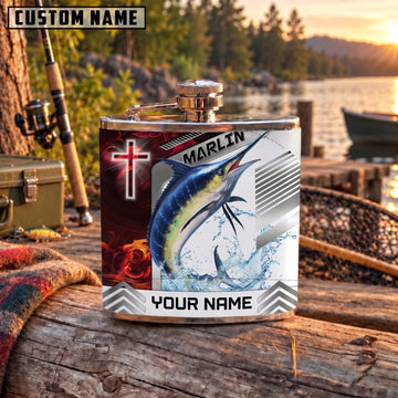 Maxcorners Fishing Marlin Christian Cross Graphic Personalized Name 3D Hip Flask