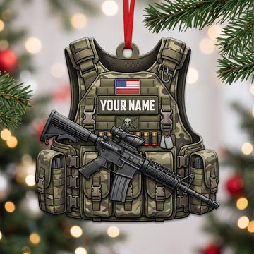 Maxcorners Military Olive Tactical Vest And Rifle Personalized Name 3D Keychain And Ornament