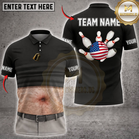 Maxcorners Bowling Black Fake Abs American Flag Bowling Pins Personalized Name 3D Unisex Shirt