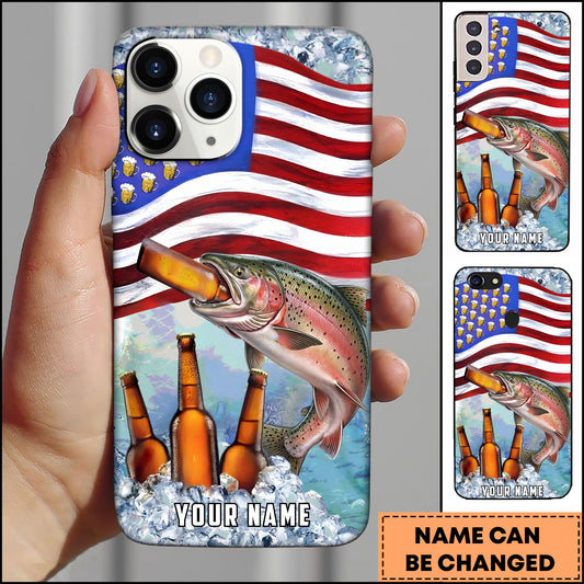 Maxcorners Fishing Phone Case American Flag Beer Bottles Fish Art Personalized Name 3D Phone Case (10 Fish Species)