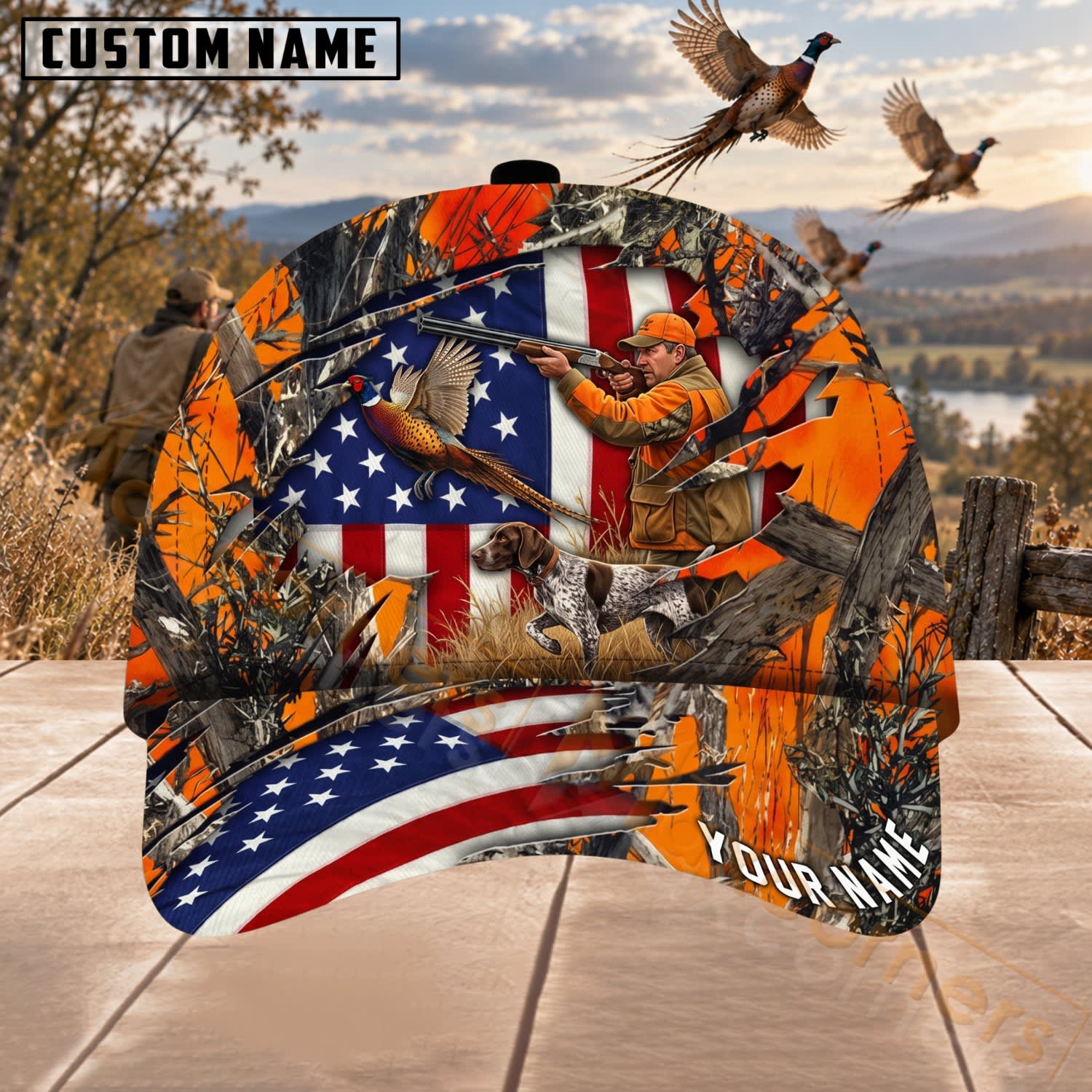 Maxcorners Upland Bird Hunting Blaze Orange Patriotic Hunter & Pheasants Personalized Name 3D Cap