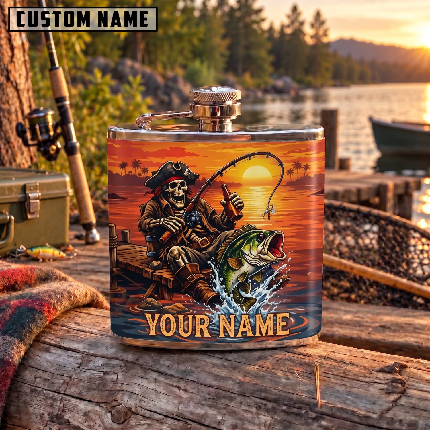 Maxcorners Fishing Skeleton Angler Sunset Bass Personalized Name 3D Hip Flask