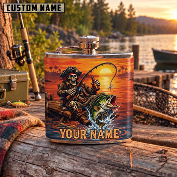 Maxcorners Fishing Skeleton Angler Sunset Bass Personalized Name 3D Hip Flask
