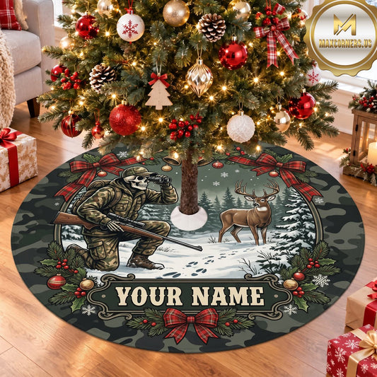 Maxcorners Hunting Hunter Deer Forest Tracking Personalized Name 3D Christmas Tree Skirt