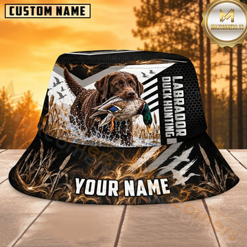 Maxcorners Labrador Duck Hunting Black White Graphic Personalized Name 3D Bucket Hat