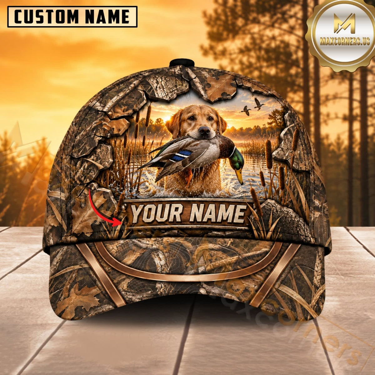 Maxcorners Dog Hunting And Duck Sunset Marsh Landscape Camo Personalized Name 3D Cap