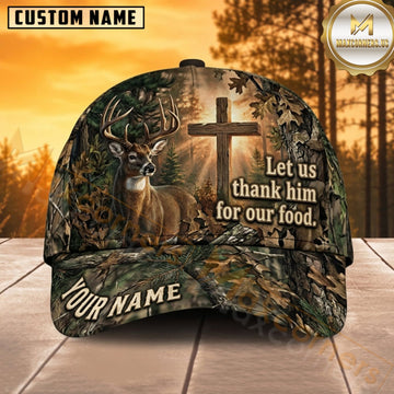 Maxcorners Deer Hunting Whitetail Buck Let Us Thank Him for Our Food Sunlit Cross Camo Customized Name 3D Cap