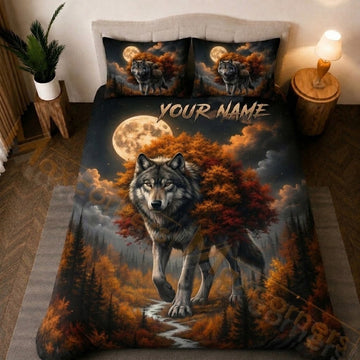 Maxcorners Wild Wolf Autumn Forest Orange Black Bedding Set 3D Print Custom Name