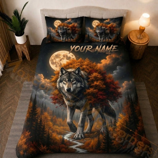 Maxcorners Wild Wolf Autumn Forest Orange Black Bedding Set 3D Print Custom Name