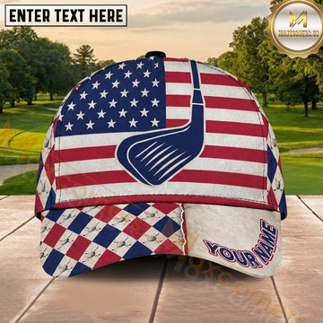 Maxcorners Golf American Flag Golf Club Argyle Pattern Personalized Name 3D Classic Cap