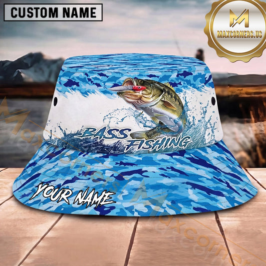 Maxcorners Fishing Blue Camouflage Water Splash Personalized 3D Bucket Hat (13 Fish Species)