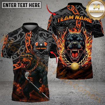 Maxcorners Golf Pitbull Flame Chain Personalized Name, Team Name 3D Shirt (4 Colors)