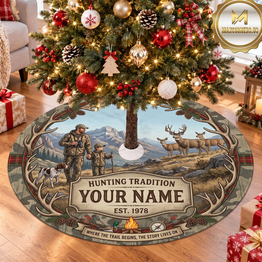 Maxcorners Hunting Deer Moose Family Tradition Personalized Name 3D Christmas Tree Skirt