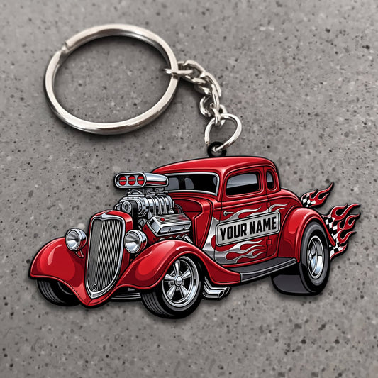 Maxcorners Hot Rod Red Vintage Roadster with Chrome Engine and Flame Accents Personalized Name 3D Keychain And Ornament